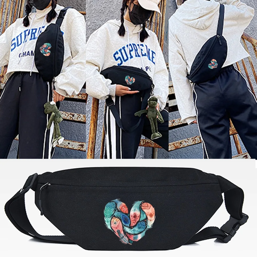 Marsupio Unisex Canvas Big Marsupio Feather Fish Love Print Chest Bag Casual Hip Hop Banana Bags Outdoor Big Belt Marsupio