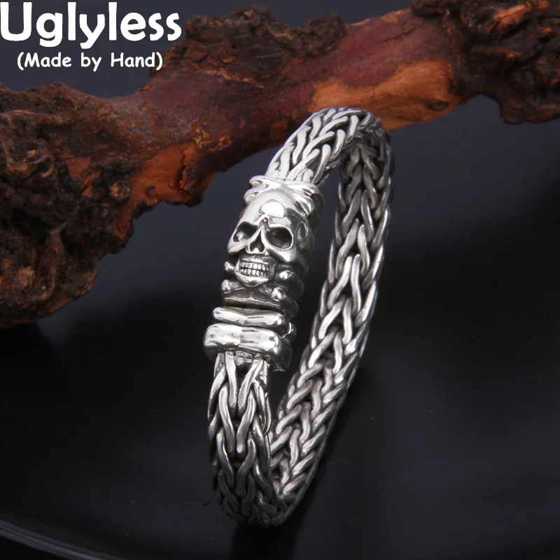 Uglyless Thick Twists Bracciali Da Uomo Steam Punk Skull Bangle Fibbia Quadrata 925 Silver Skeleton Jewelry Thai Silver Gothic Bijoux