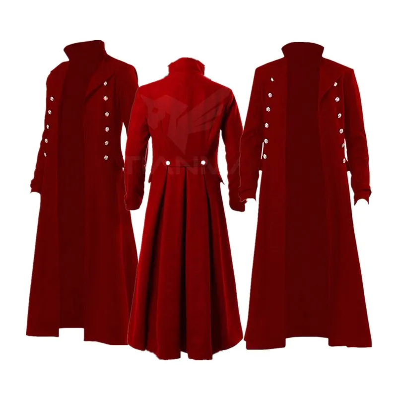 Uomini Adulti Retro Steam Punk Cosplay Gothic Fantasy Red Coat Long Jacket Outfit Halloween Carnival Party Suit