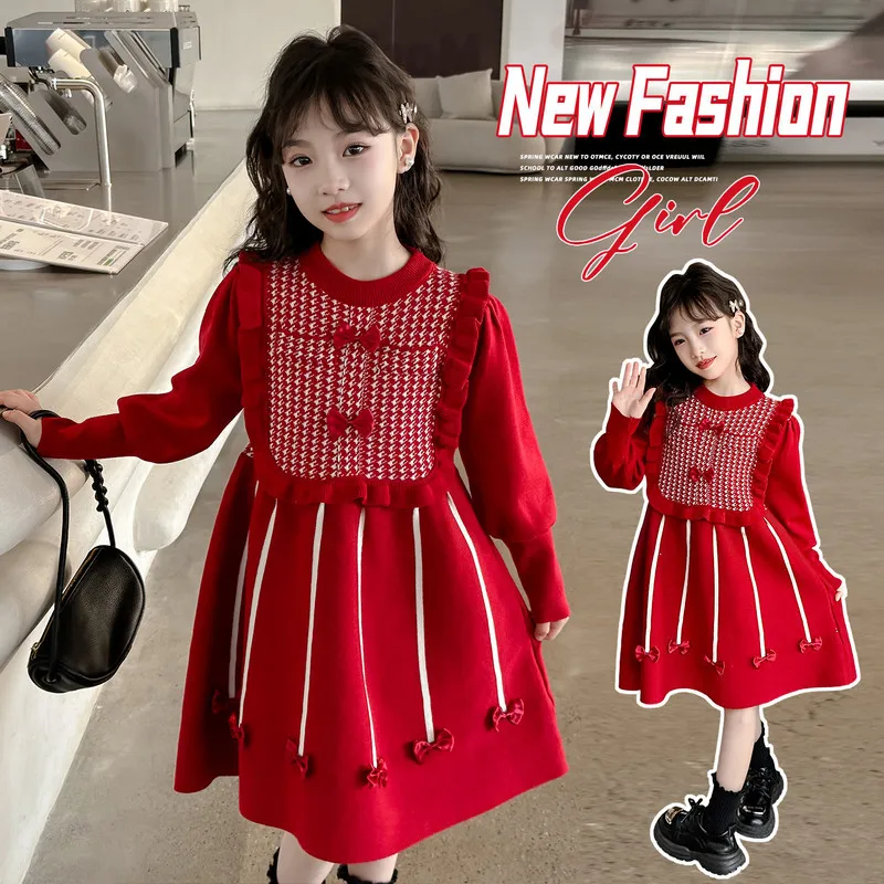 Vestido Girl Dresse Fashion Princess Dresses Bow Hair Dress Sweet Knitted Long Dress Abiti Casual Dress For Girl Undiphind Fogli/40