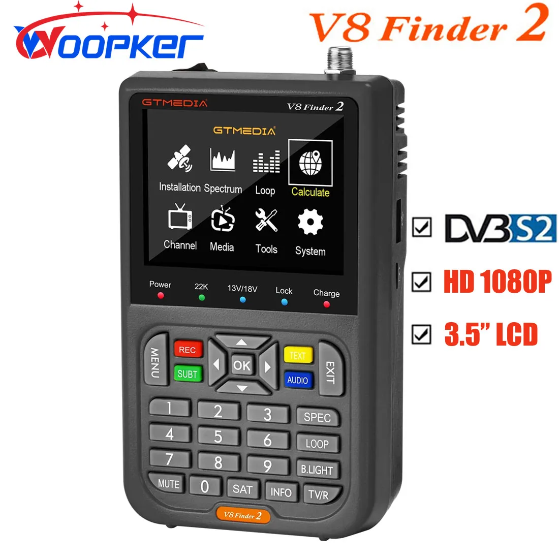 Woopker V8 Finder2 Satellite Finder Digital Fta Dvb-S/ S2/ S2X Rilevatore Di Segnale Ricevitore Schermo Lcd Per La Regolazione Del Piatto Tv Sat