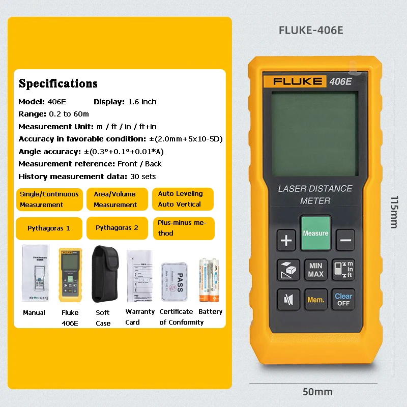 Misuratore Di Distanza Laser Fluke 404E/ Fluke 406E, Telemetro Laser Portatile 40M/50M/60M/80M/100M