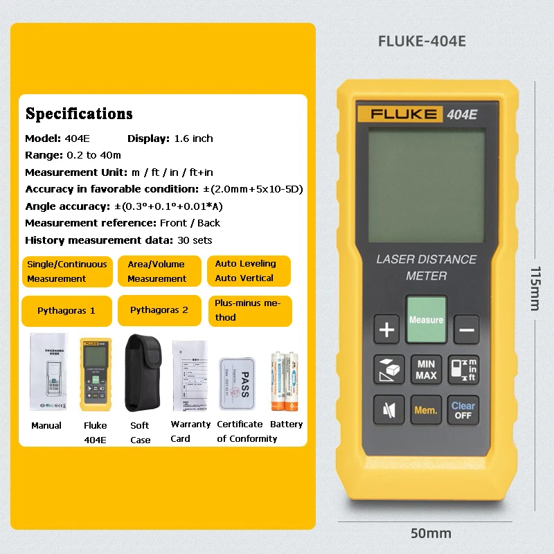 Misuratore Di Distanza Laser Fluke 404E/Fluke 406E, Telemetro Laser Portatile 40M/60M Misuratore A Nastro Digitale Telemetro Metro Laser Rang
