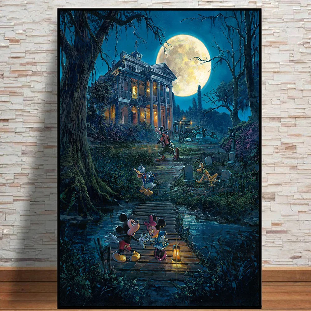 Anime Haunted Mansion A Haunting Moon Rises Poster Stampe Walt Disney Mickey Mouse Minnie Goofy Canvas Painting Wall Art