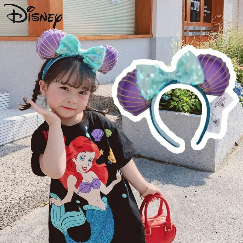 Disney Mermaid Ariel Princess Headband Mickey Mouse Ears Cosplay Big Sequin Bows Hairband Disney Fashion Headband Decoration
