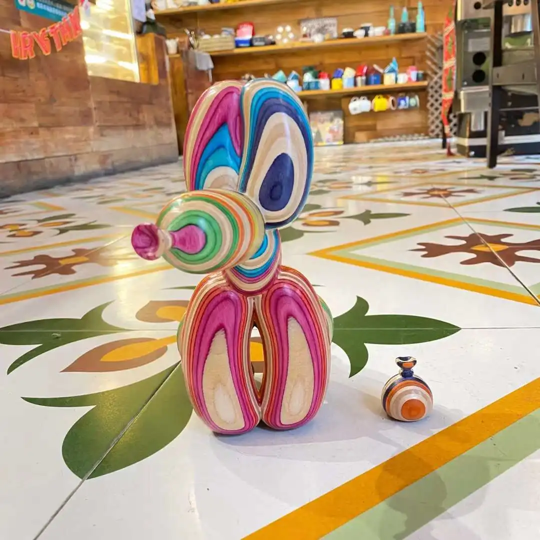 Woodworted Papa Balloon Dog Jeff Koons Bambola Fatta A Mano 23Cm Figura Alta Arcobaleno Venatura Del Legno Artigianale