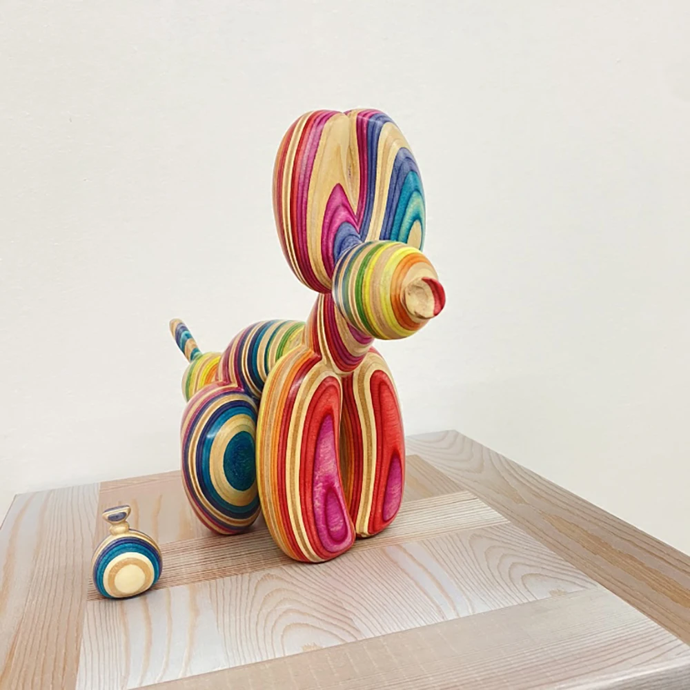 Woodworted Papa Balloon Dog Jeff Koons Bambola Fatta A Mano Figura Arcobaleno Venatura Del Legno Artigianale Alta 23Cm