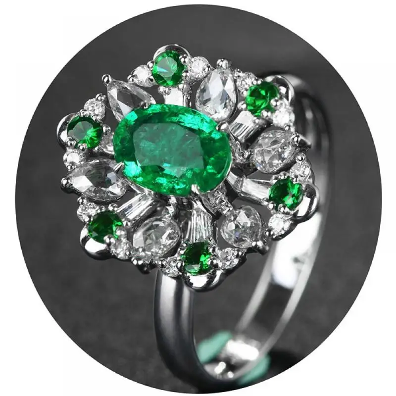 Hoyon Luxury Jade Anello Da Donna Tsavorite Green Snowflake Diamond Gemstone Ring Anello Regolabile S925 Gioielli Color Argento Regalo