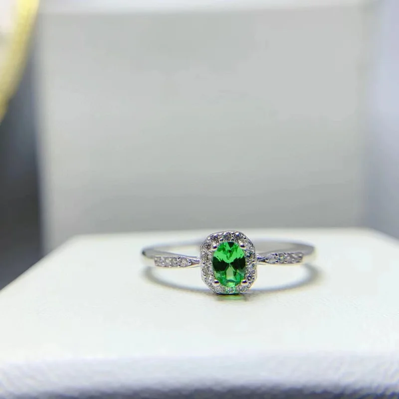 Anello In Tsavorite Naturale Per Fidanzamento Anello In Argento Tsavorite Da 4Mm * 3Mm 925 Gioielli In Argento Tsavorite