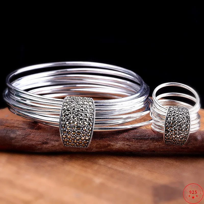 Anelli In Argento Sterling S925 Per Le Donne 2023 Nuova Moda Donna Multi Cerchio Lucido Marcasite Bangle Pure Argentum Jewelry