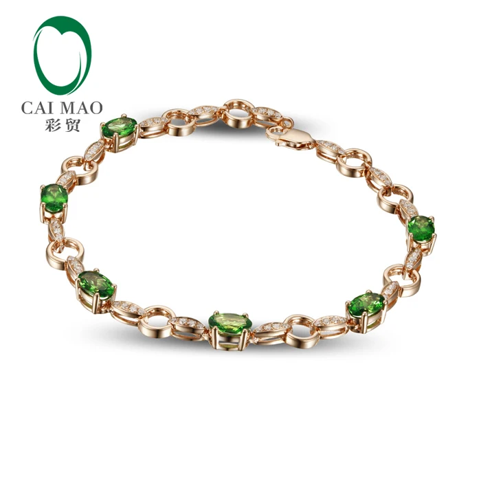 14 K Rose Gold Oval 2.52Ct Natural Green Tsavorite Taglio Rotondo Diamante Bracciali