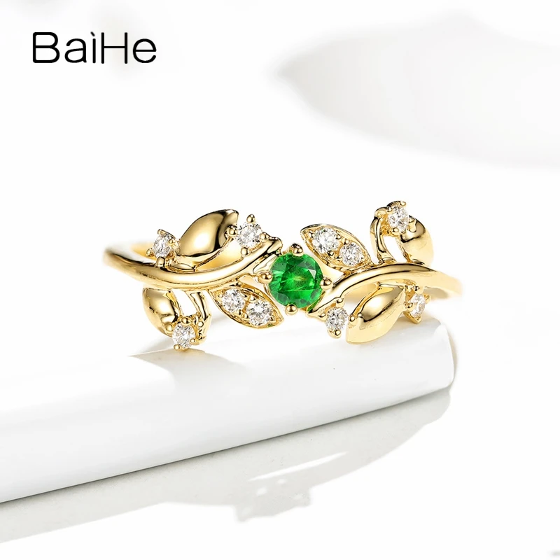 Baihe Solid 14K Yellow Gold Natural Tsavorite Diamond Leaf Ring Women Trendy Everyday Wear Gioielleria Raffinata Bague Tsavorite Кольцо