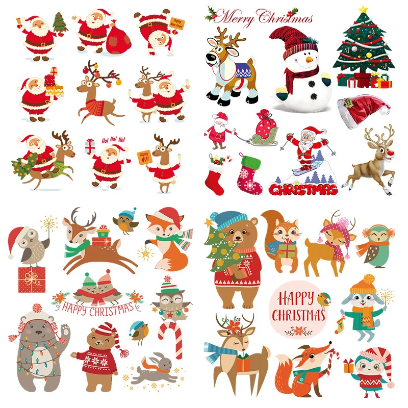 Merry Christmas Patch Set Fai Da Te Santa Cruz Ferro Sui Trasferimenti Per Abbigliamento Cartoon Cute Animals Deer Owl Stripe Thermo Stickers