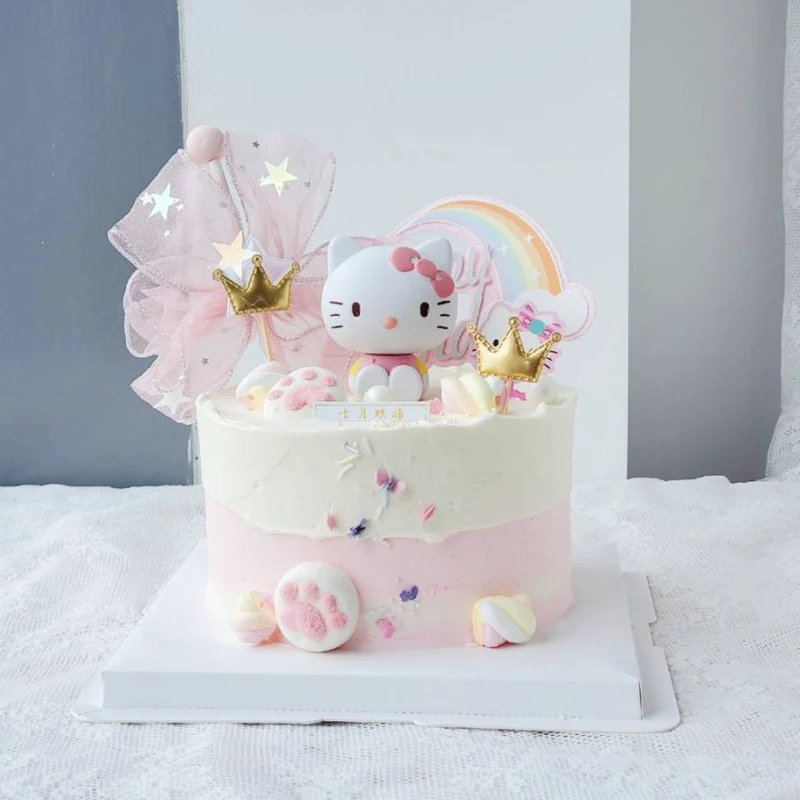 Cartoon Pink Cat Flag Cake Topper Decoration Girl Baby Birthday Party Elf Favor Gifts Papillon Dessert Baking Supplies Dress Up