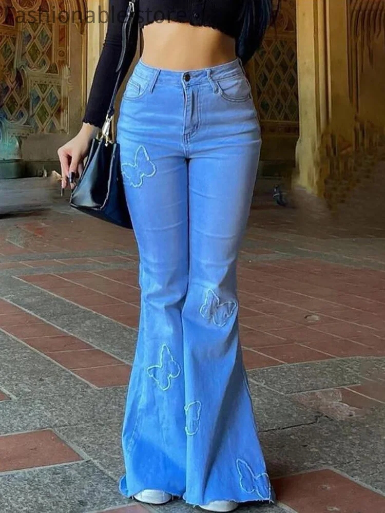 Women Casual High Waist Bodycon Flare Pants Jeans
