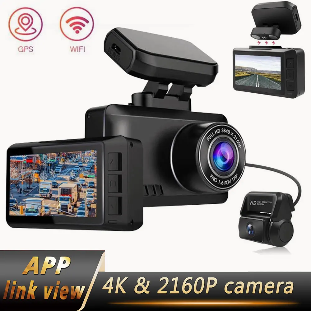 Olopky 4K 2160P Uhd Car Dvr Dashcam Sony Imx 335 Gps Tracker Visione Notturna Telefono App Wifi Video Dual Dash Recorder 24H Parcheggio