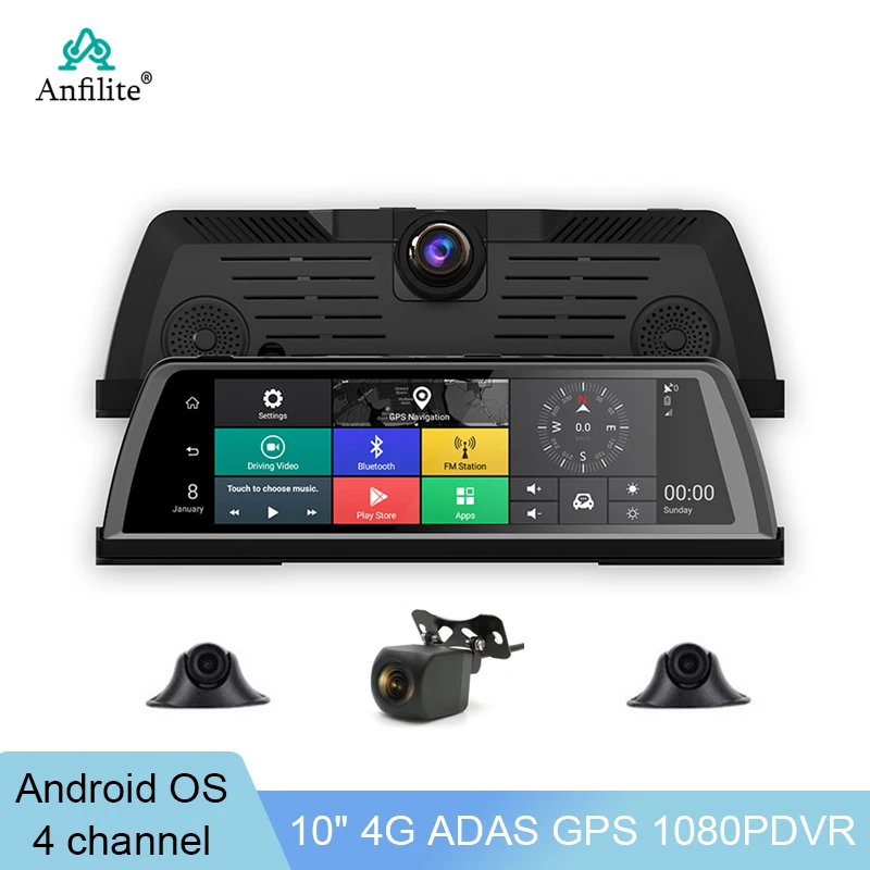 Videoregistratore Dashcam Panoramico A 4 Canali A 360 ° 10 "Ips Android Os 2Gb + 32Gb Dashcam Per Auto Gps Adas Visione Notturna Con 4 Telecamere