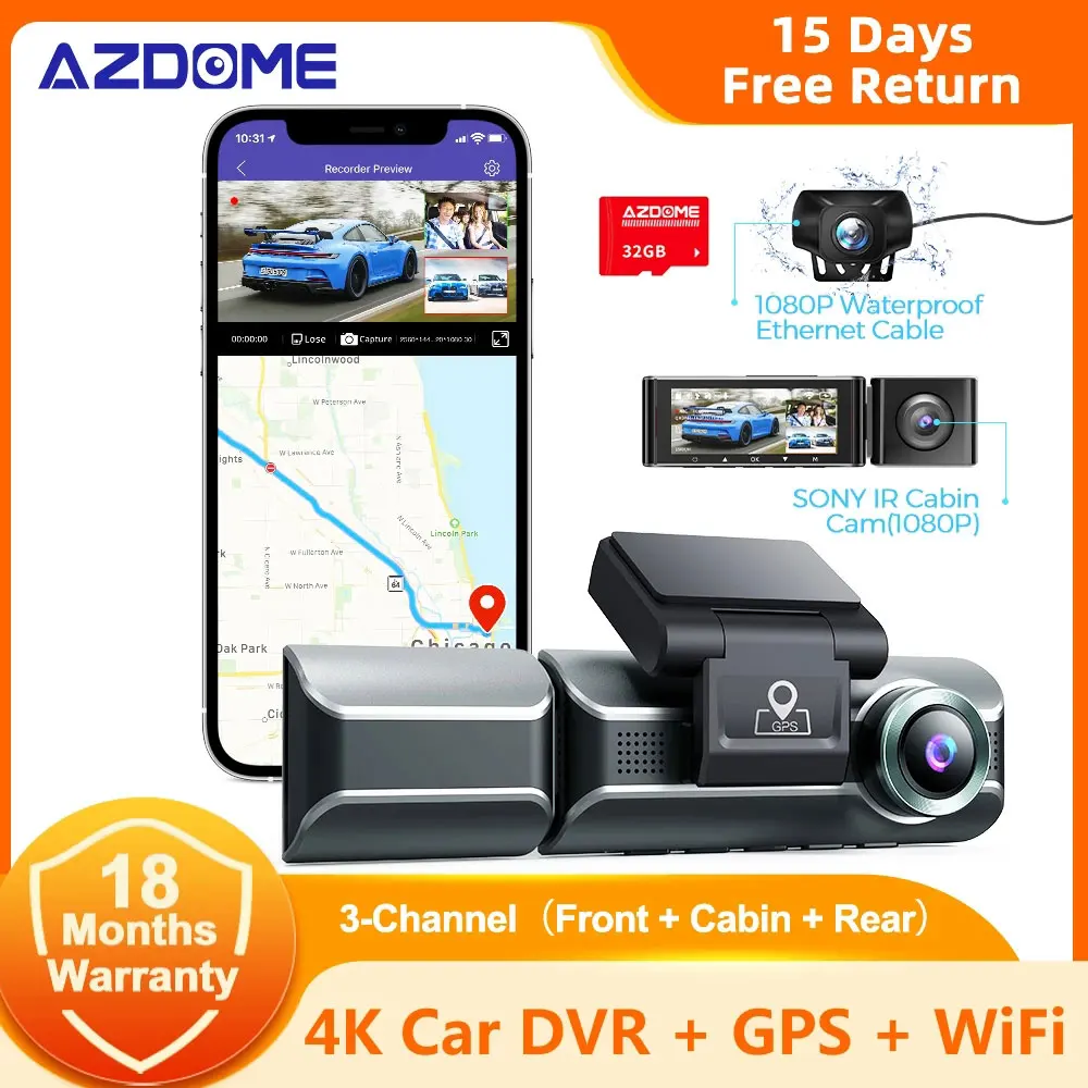 Azdome M550 Car Dvr 3 Channel Camera 4K 1080 Rear Cam 800Mp Front Bulit-In Gps Wifi Car Dash Camera Ir Night Vision App Control