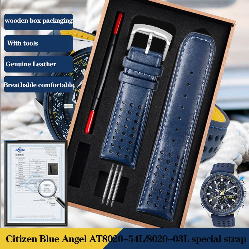 22Mm 23Mm Cinturino In Pelle Di Vacchetta Per Cittadino Blu Angelo Generazione Orologio Da Uomo At8020-54L Cinturino Serie At8020-03L