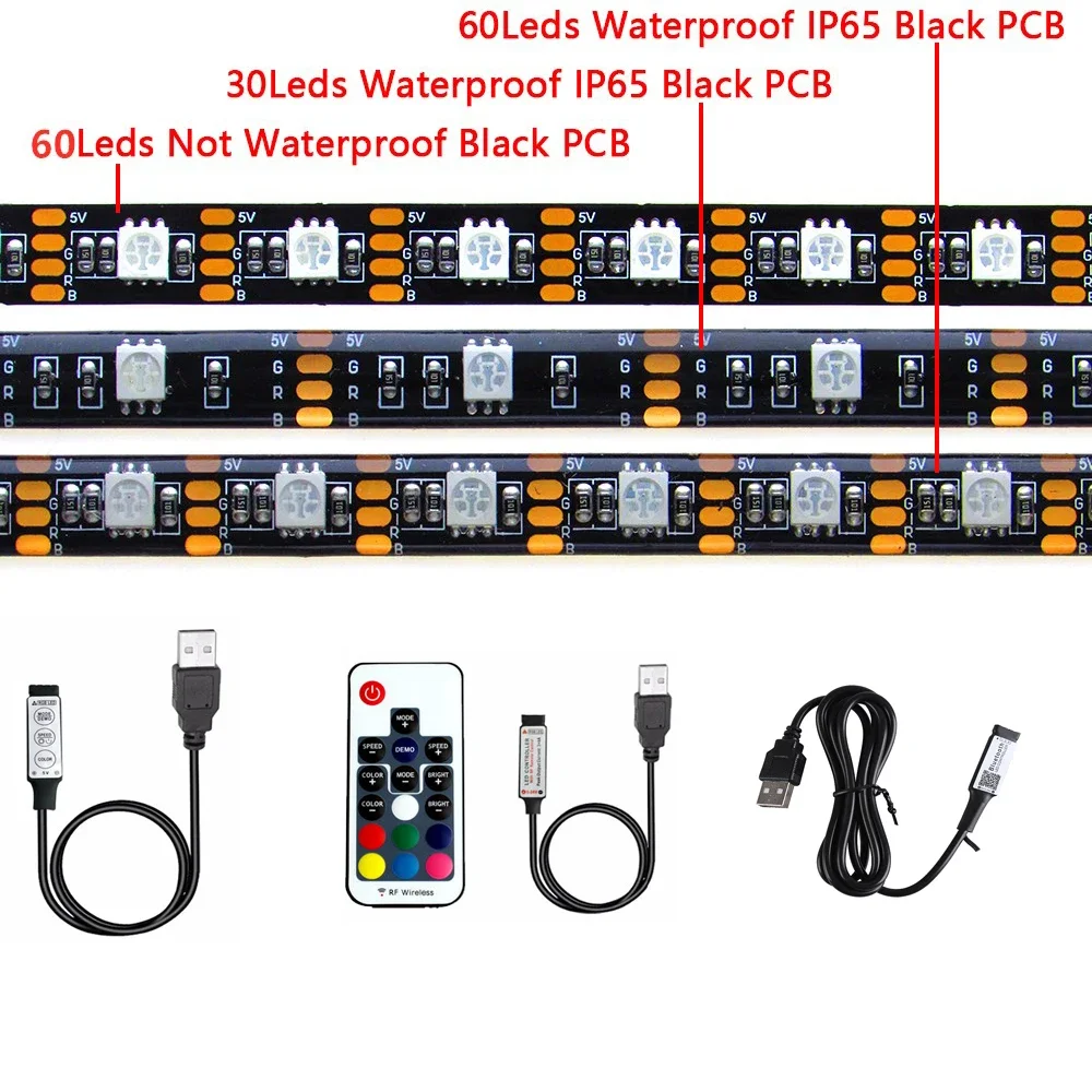 Usb Led Strip Light 5V Rgb Waterproof Black Pcb 5050 0.5M 1M 2M 3M 4M 5M Led Strip Light Tape Pc Tv Retroilluminazione Telecomando
