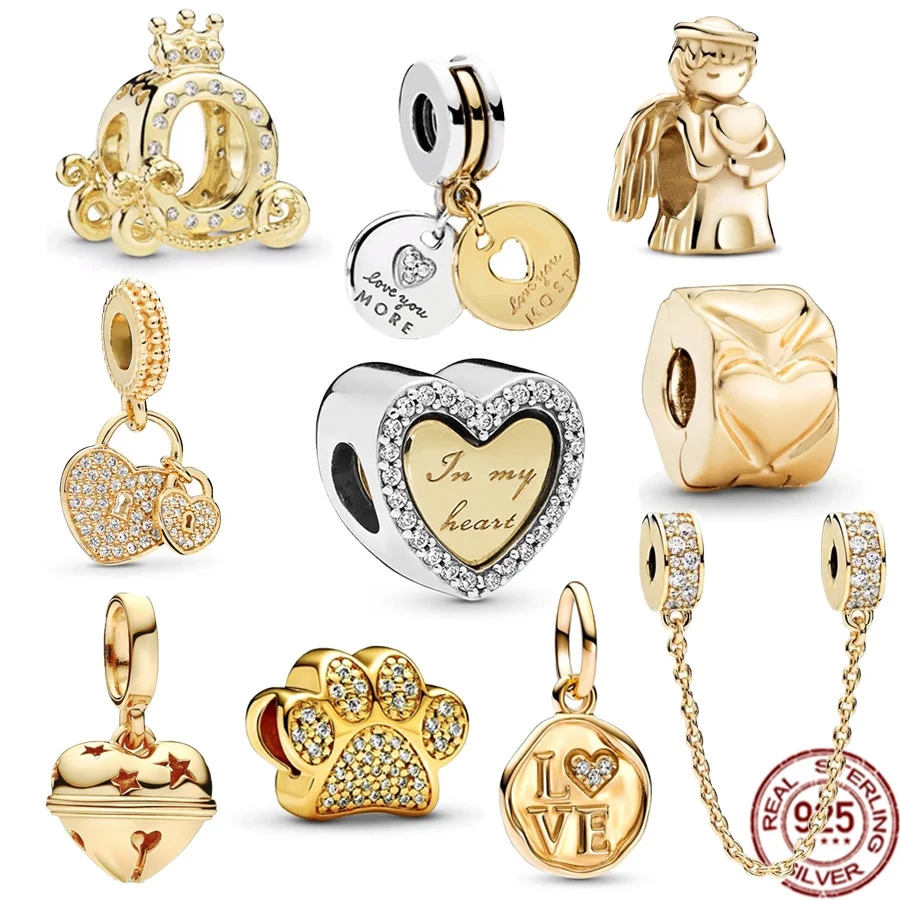 Placcato Oro 925 Sterling Silver Sparkling Love Stamp & Festive Bell Ciondola Charm Bead Fit Originale Pandora Bracciale Gioielli Regalo