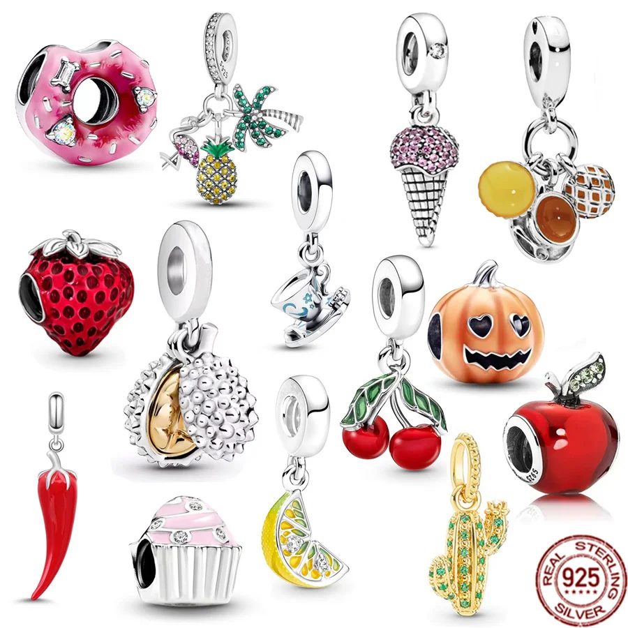 Nuovo 925 Sterling Silver Frutta Fragola Ciliegia Durian & Bubble Tea Ciondola Charm Bead Fit Braccialetto Pandora Originale Gioielleria Raffinata