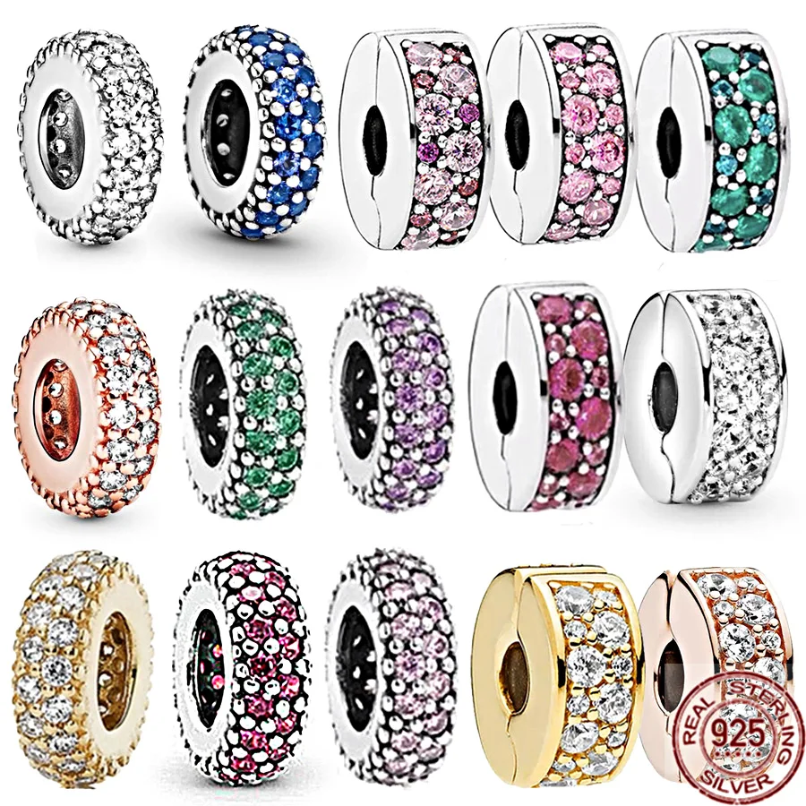 Vendita Calda 925 Sterling Silver Blu Verde Viola Sparkle Spacer E Pink Clips Charm Bead Fit Originale Pandora Bracciale Gioielli Regalo