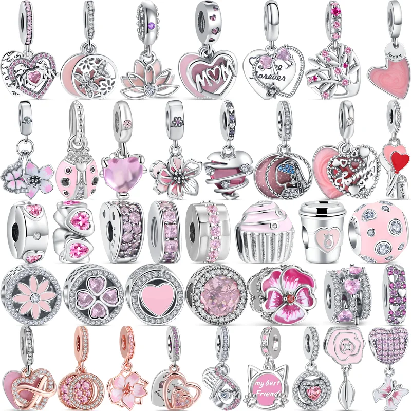 925 Solid Silver Pink Series Butterfly Flower Heart Friends Infinite Love Mom Beads Fit Original Pandora Charms Bracciale Jewelry