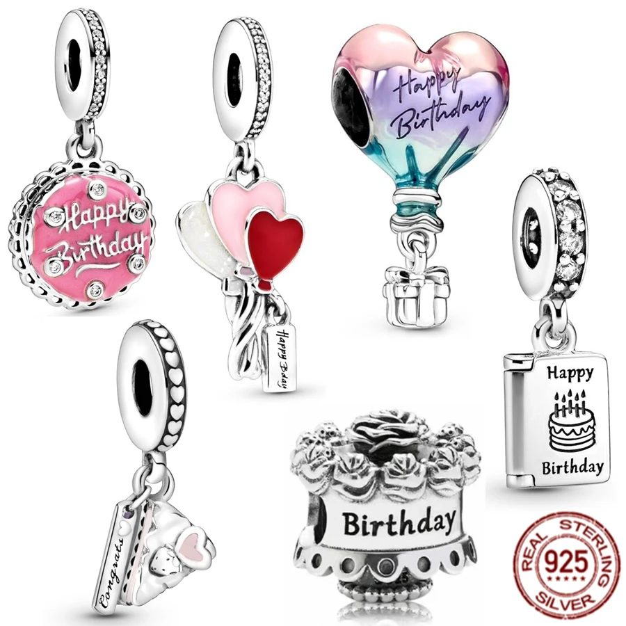 New Happy Birthday Hot Air Balloon Cake & Card Charm 925 Sterling Silver Bead Fit Braccialetto Pandora Originale Regalo Di Gioielli Da Donna