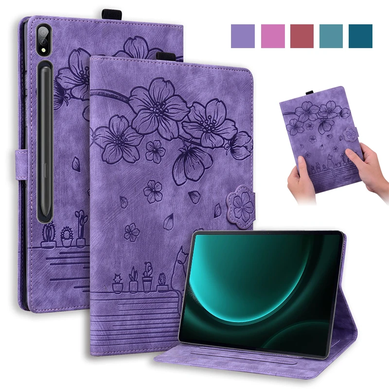 Per Samsung Tab S9 Fe Plus Custodia 3D Emboss Flower Cat Portafoglio Tablet Coque Per Galaxy Tab S9 Fe Plus Tab S9 Plus Custodia Funda 12.4"