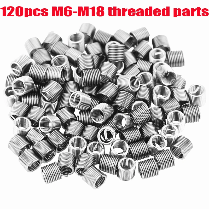 120Pcs /304 Stainless Steel Wire Thread Sleeve M6-M18 Series Thread Repair Parts Helicoil Thread Repair Insert Kit Set