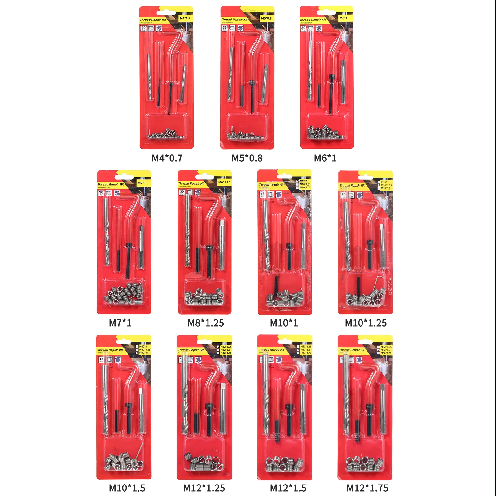 15Pcs Metrica Filo Di Riparazione Inserto Kit M5 M6 M8 M10 M12 M14 Helicoil Auto Pro Bobina Strumento M12 * 1.75 M12 -1.5 M12 -1.25 M10 - 1.5