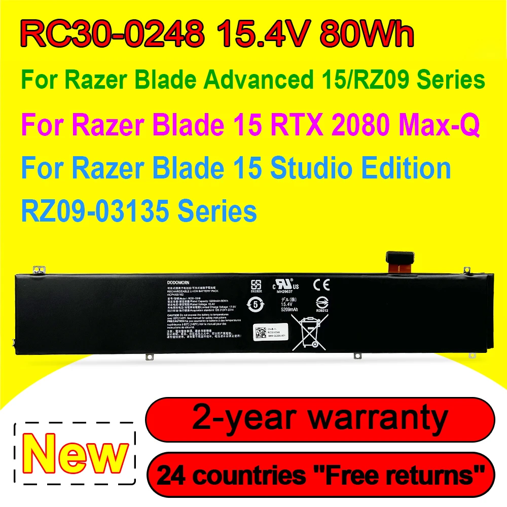 Batteria Per Laptop 80Wh Rc30-0248 Per Razer Blade Advanced 15 2018/2019/2020/2021,15 Rtx 2080 Max-Q,15 Studio Edition Rz09-03135