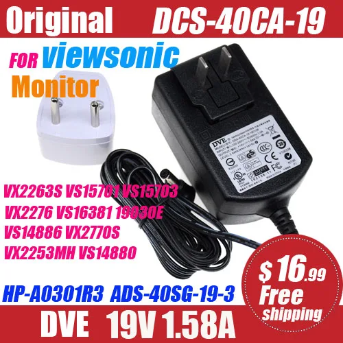 Original Dve 19V 1.58A For Viewsonic Lcd Monitor Ac Adapter Power Supply Vx2263S Vs15701 Vs15703 Vx2276 Vs16381 Hp-A0301R3