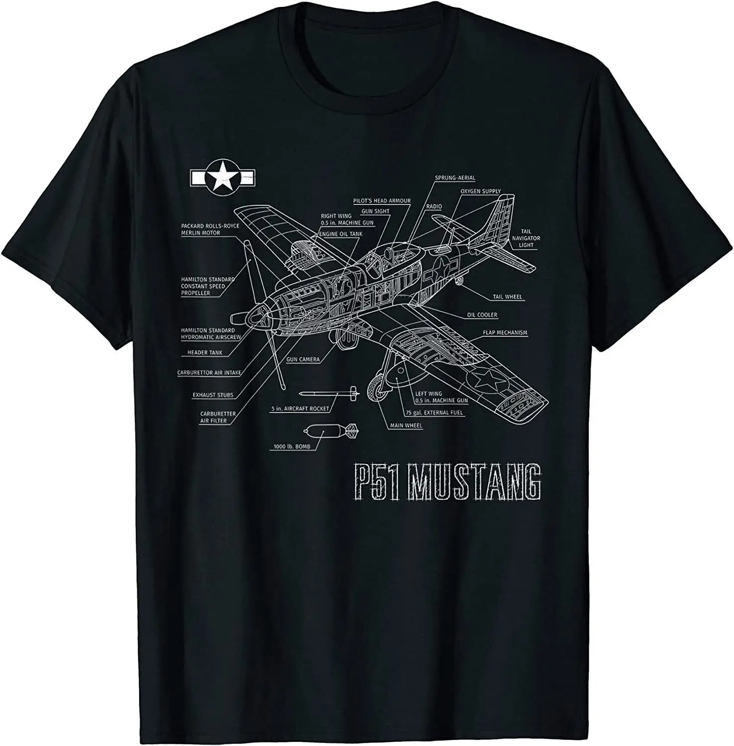 Nuovo! Maglietta Americana P51 Mustang Fighter Plane Blueprint