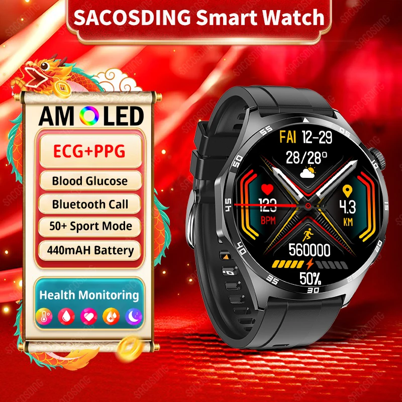 2024 Amoled Smart Watch Blood Sugar Ecg + Ppg Body Composition Monitor Health Watches Bluetooth Call Smartwatch Per Xiaomi Huawei