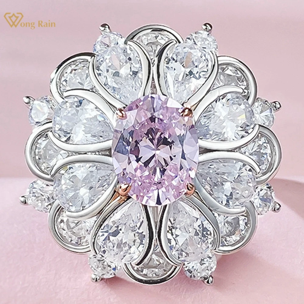 Wong Rain Romantic 925 Sterling Silver 7*9 Mm Taglio Ovale Lab Sapphire Padparadscha Gemstone Cocktail Flower Ring Per Gioielli Da Donna