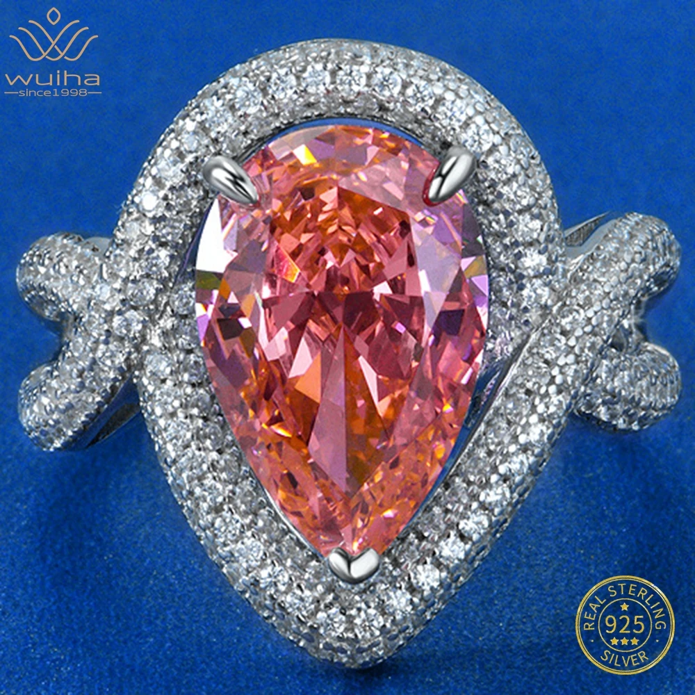 Wuiha Real 925 Sterling Silver Pear Cut 10Ct Vvs Padparadscha Sapphire Synthetic Moissanite Ring For Women Gift Drop Shipping