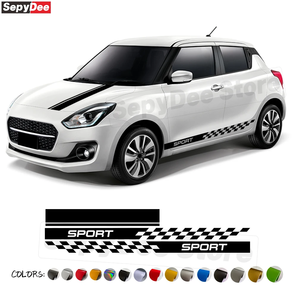 Racing Sport Car Hood Bonnet Stripe Vinyl Decal Scacchi Graphics Door Side Skirt Stickers Per Suzuki Swift Car Accessories
