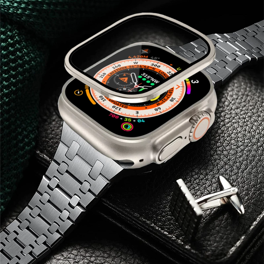 2Pcs For Apple Watch Ultra 49Mm Band + Tempered Glass Screen Protector Titanium Alloy Frame For Iwatch Ultra 49Mm Metal Strap