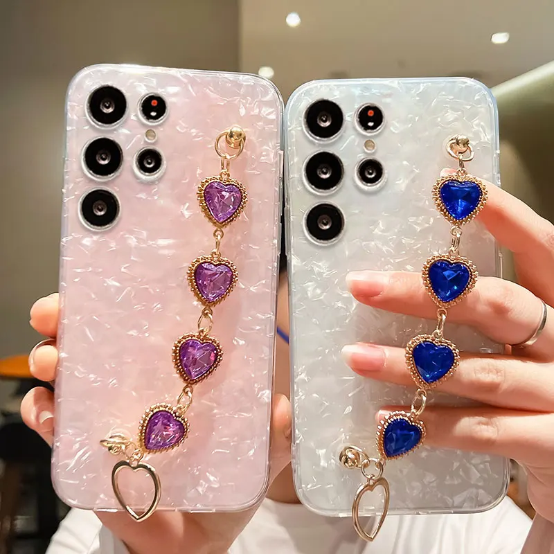 Custodia Da Polso Con Strass Bling Di Lusso Per Samsung Galaxy S23 S 23 22 21 20 Ultra Plus Purple Love Bracciale Chain Cover S23Ultra