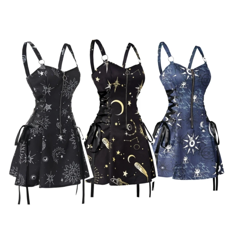 2023 Little Fresh Starry Sky Printed Hanging Strap Dress Vital Girl Giocoso A-Line Ribbon Waist Wrap Dress Cute Yk2 Dress