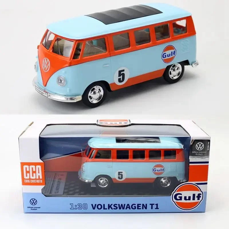 1:30 Volkswagen T1 Samba Bus Transporter Van Gulf Blue Alloy Diecast Model Toy Con Base Decorativa Vw Prodotto Ufficiale Con Licenza