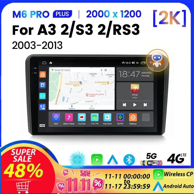 M6 Pro Plus Autoradio Android 12 Per Audi A3 S3 Rs3 2003-2013 Navigation Multimeida Carplay Gps Head Unit Dsp Rds 4G + Wifi 2 Din