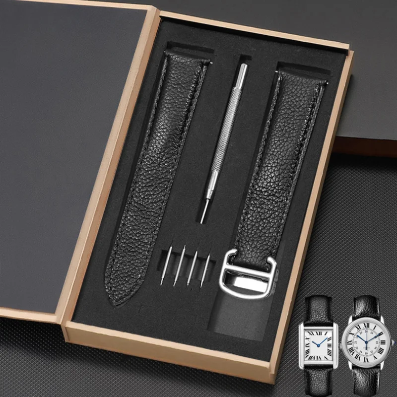 Per Cartier Tank London Solo Lichee Pattern 23Mm Vera Pelle Uomo Donna Solid Stainless Steel Fold Buckle Soft Watch Band