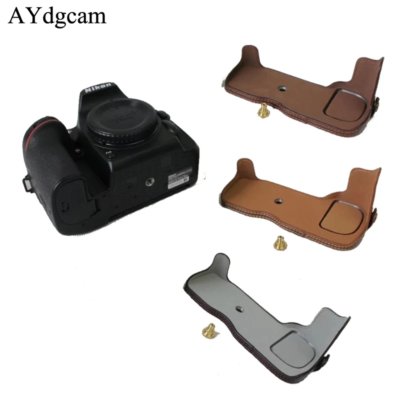 Aydgcam Pu Leather Camera Bag Mezza Custodia Corpo Per Nikon D7500 Batteria Aperto Nero Marrone Caffè