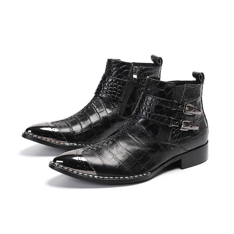 Autunno Uomo Oxford Stivali Vera Pelle Di Mucca Doppia Fibbia Stivaletti Neri Abito Da Uomo Modello Coccodrillo Stivali Da Cowboy Chelsea