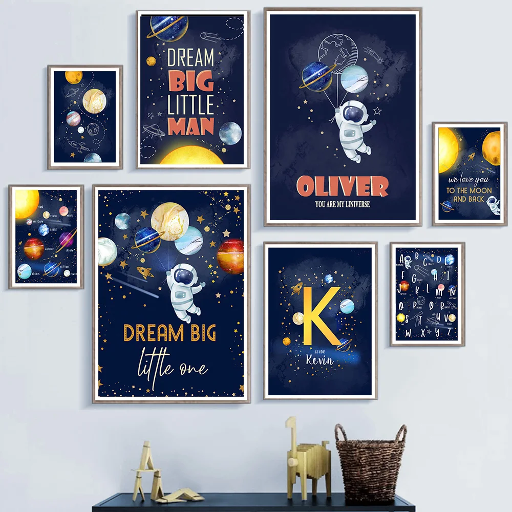 Personalizza Baby Name Poster Nursery Alphabet Wall Art Personalizza Canvas Painting Print Space Rocket Astronaut Bedroom Pictures