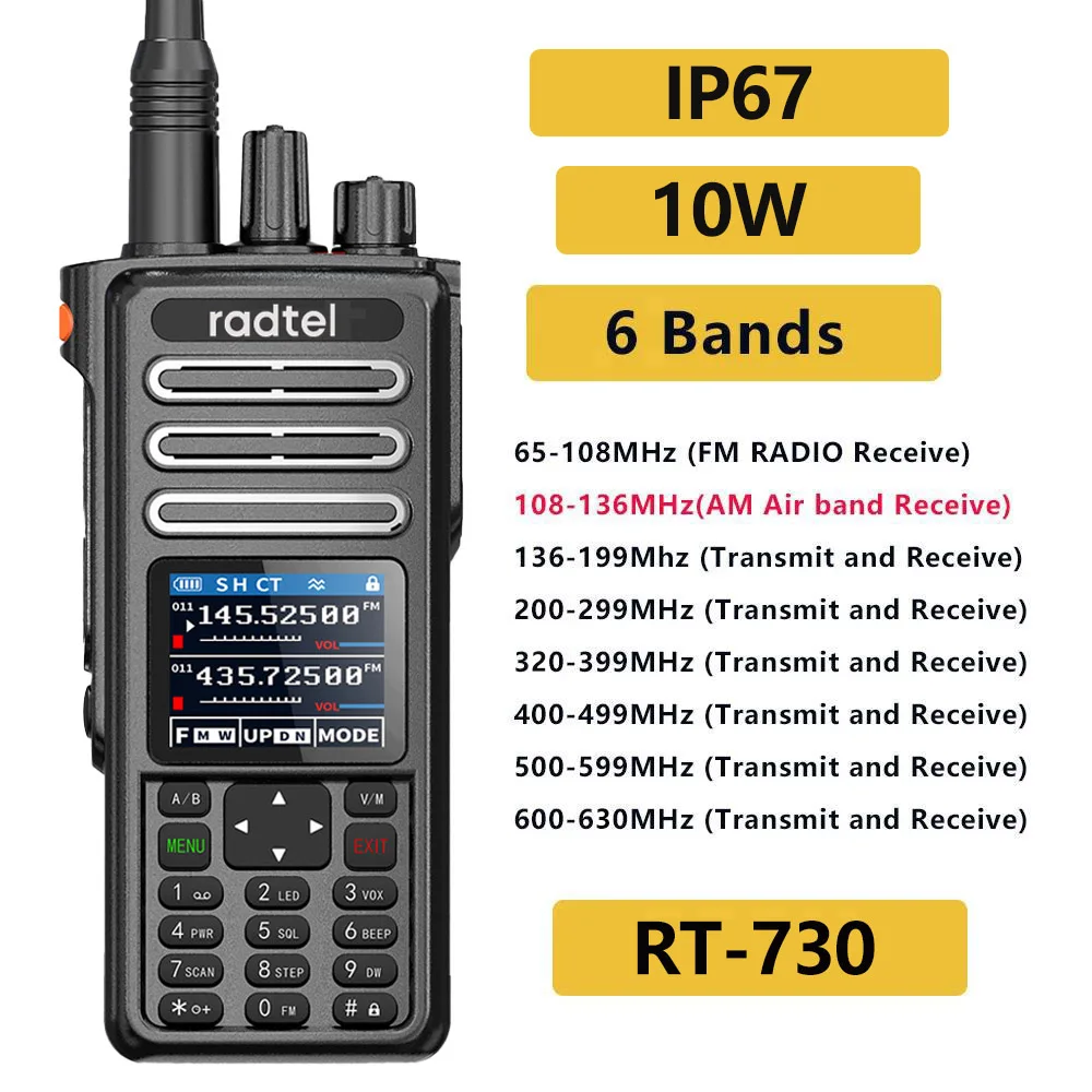Radtel Rt-730 Ip67 Impermeabile 10W Air Band Walkie Talkie Full Band Amatoriale Ham 199Ch Ht Usb-C Batteria Noaa Fm Am Uhf Vhf Satcom