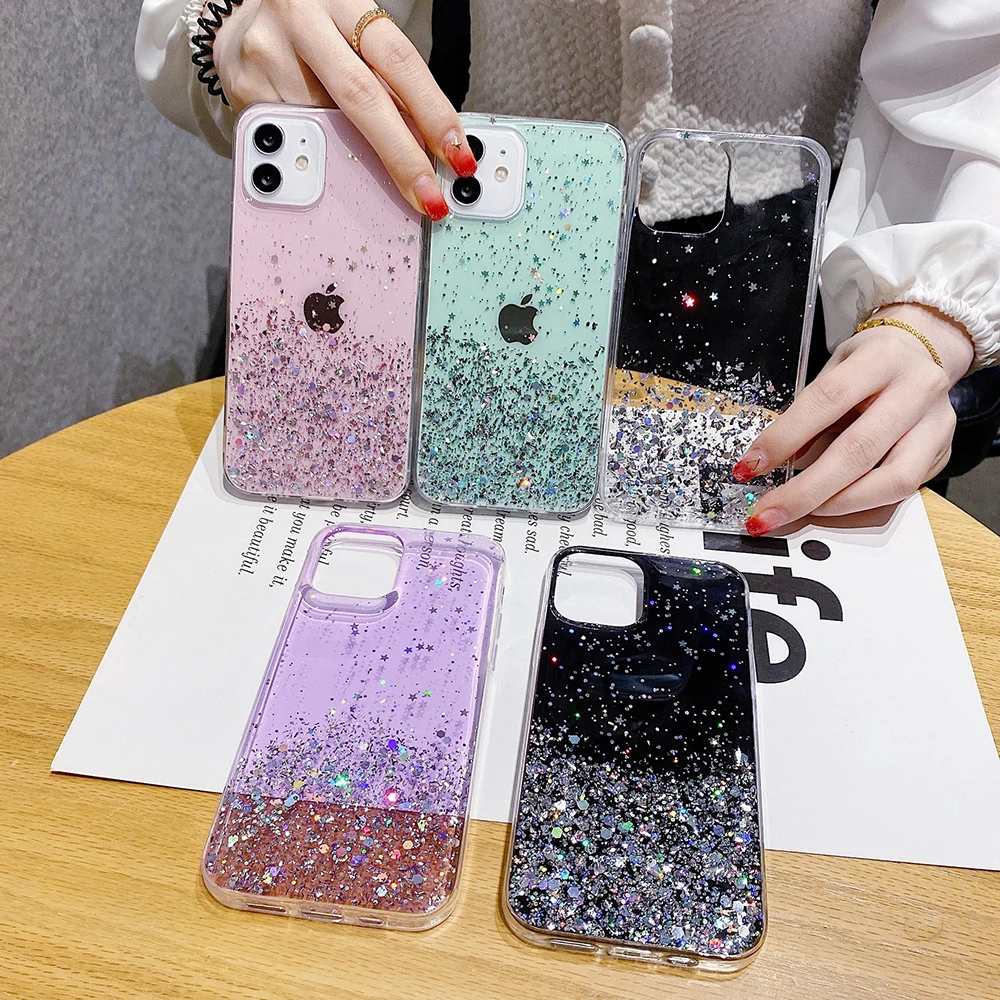 Per Iphone 15 14 13 12 11 8 7 Se Xr Xs Mini Pro Plus Max Custodia Silver Foil Paillette Epoxy Cover Soft Clear Shell Antifall Fundas